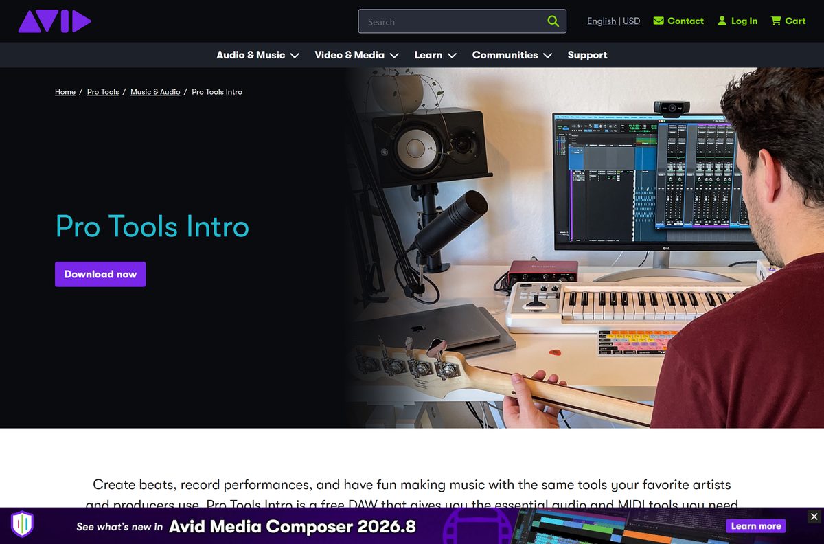 Avid page describing its free entry-level music production software