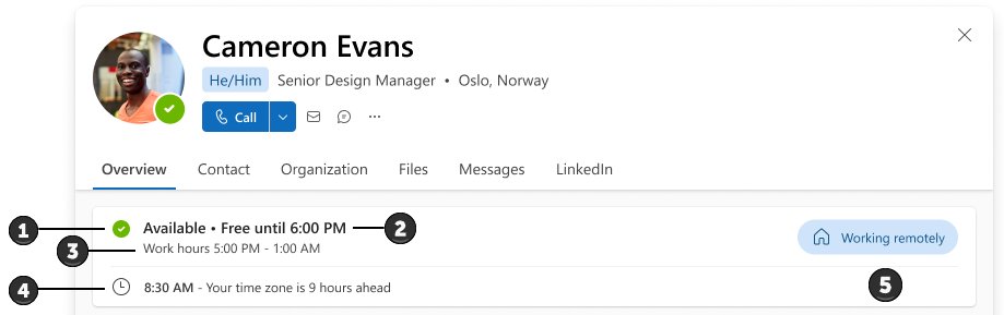 Profile card showing availability, work hours, local time and Working remotely