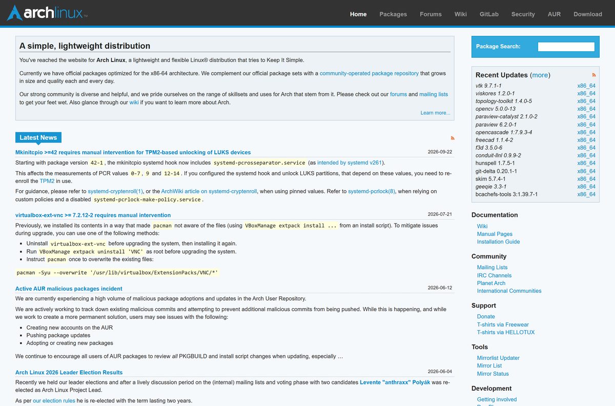 Arch Linux homepage with the latest project news items