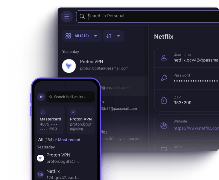 Proton Pass password manager vault on desktop and phone with a Netflix login open