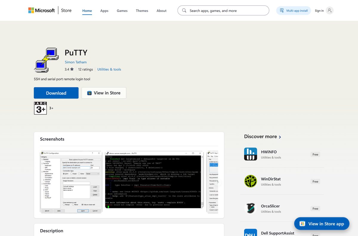 Microsoft Store listing for PuTTY with its publisher and price