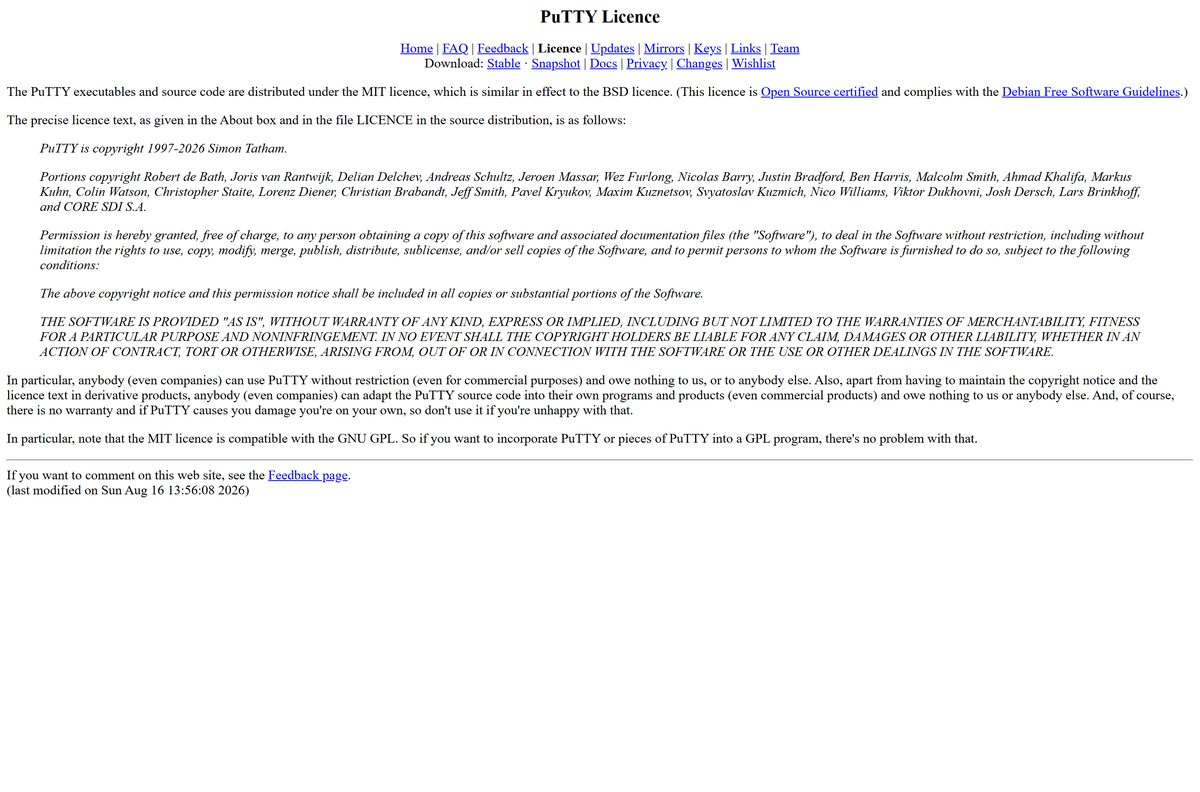 PuTTY licence page showing the MIT licence text