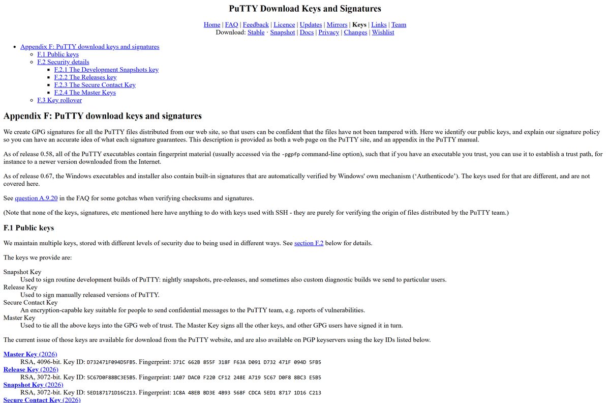 PuTTY signing keys page with the 2026 release key fingerprint