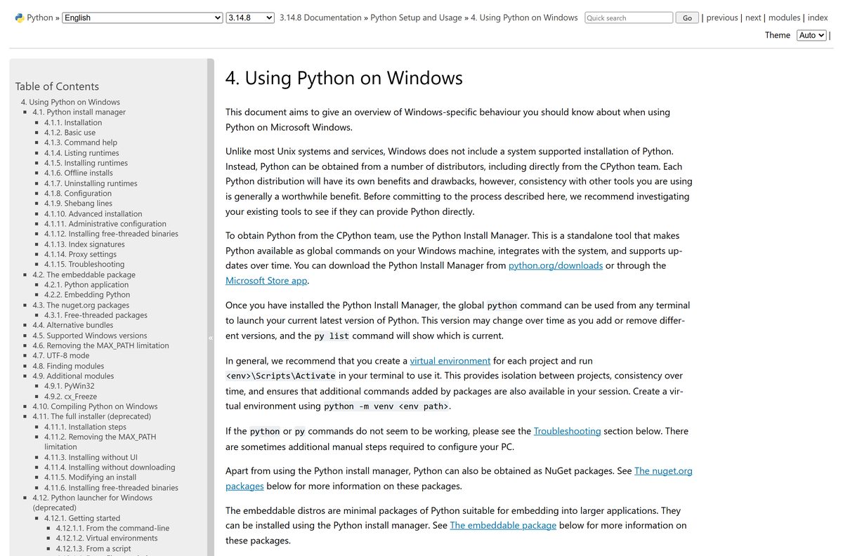 Python documentation explaining the Windows install manager