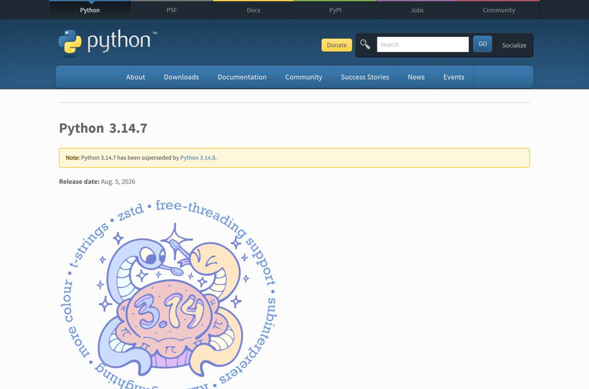 Python release page with the files table and checksums