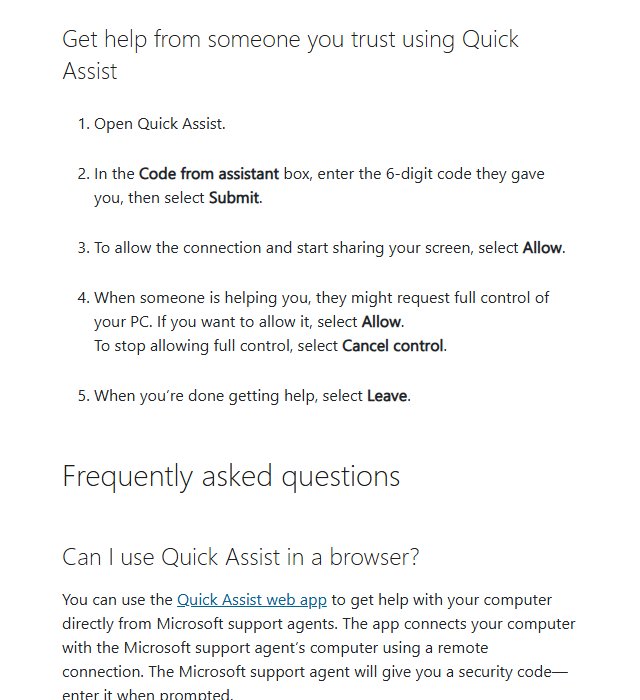 Quick Assist steps to get help from someone you trust with a 6-digit code