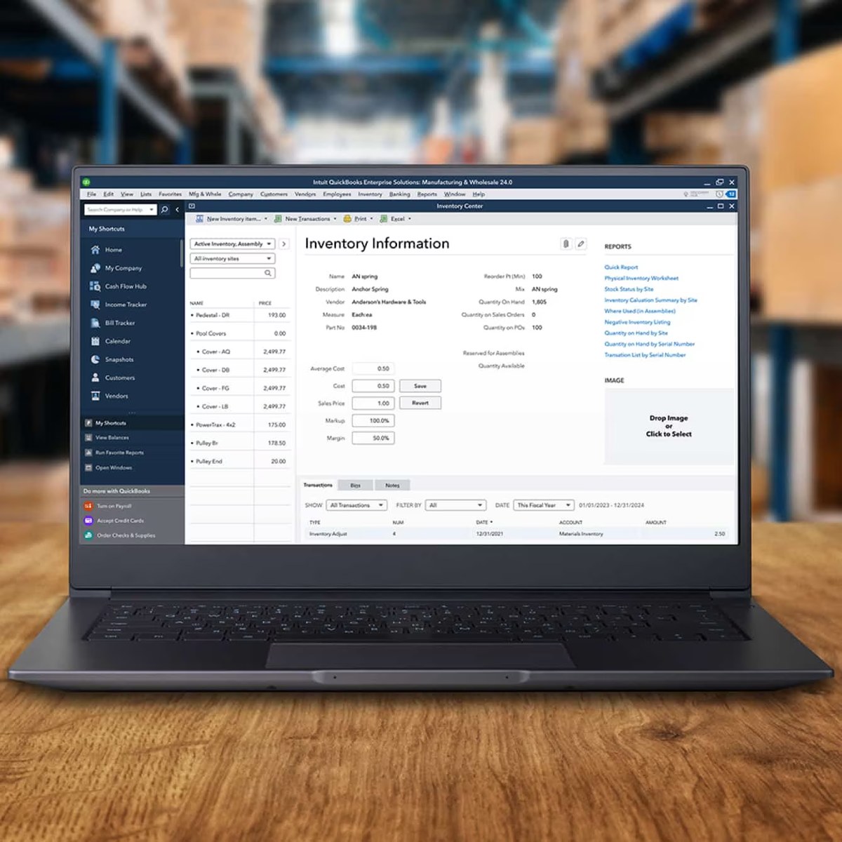 QuickBooks Desktop Enterprise Inventory Information window open on a laptop