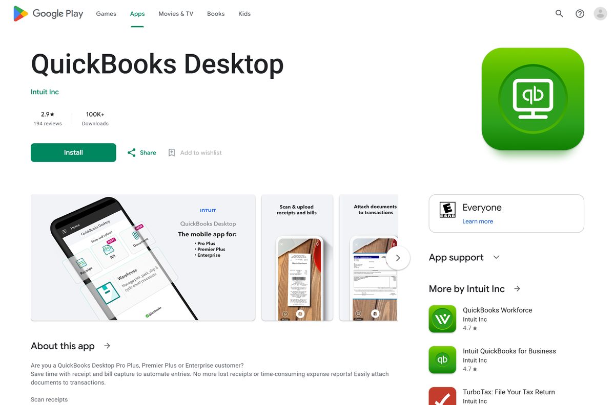 Google Play listing for the QuickBooks Desktop mobile scanner app