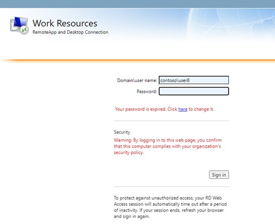 RD Web Access sign-in page warning that the password is expired