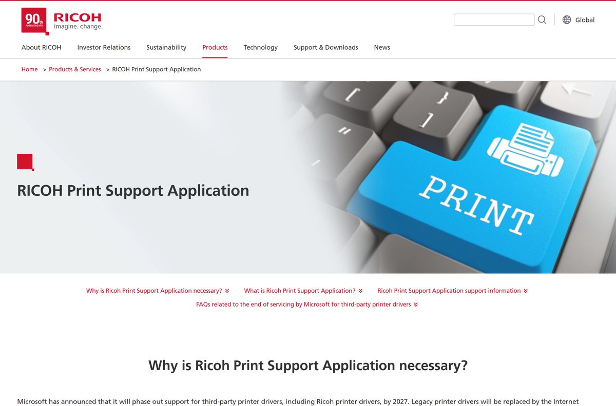 Ricoh page explaining its driverless print support app for Windows
