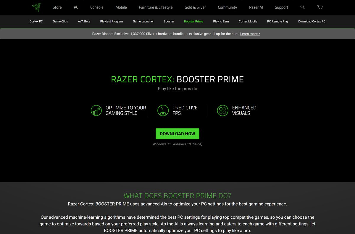 Razer Booster Prime page listing the supported games