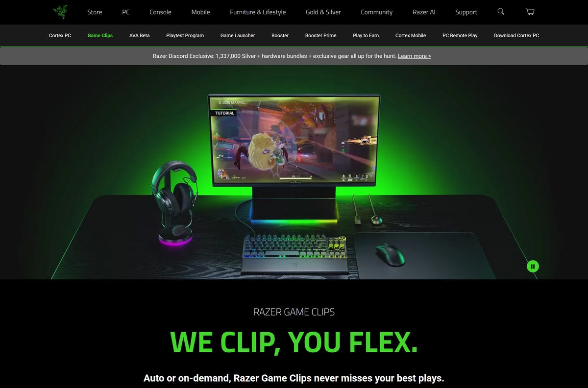 Razer Game Clips page describing one-press highlight capture