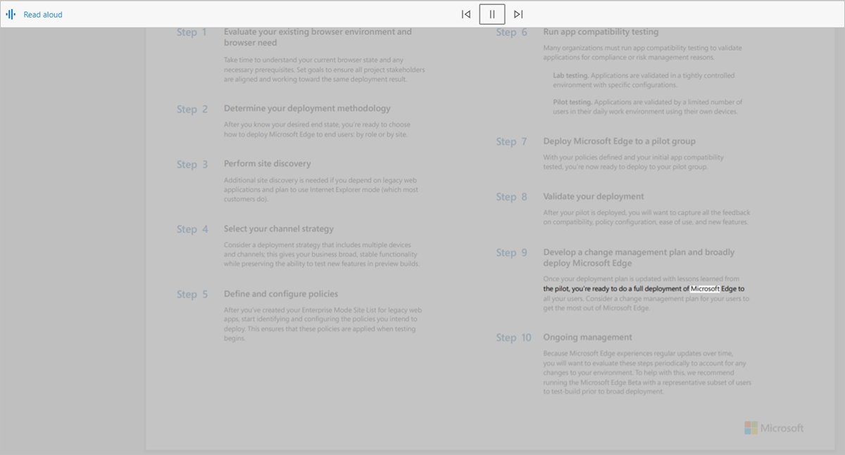 Read aloud toolbar with pause button above a dimmed PDF page
