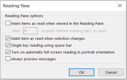 Reading Pane options dialog with Mark items as read when viewed unchecked