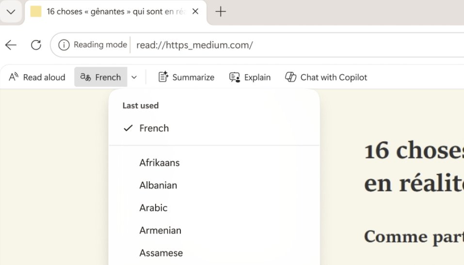 Reading mode Translate menu open with French selected and a language list