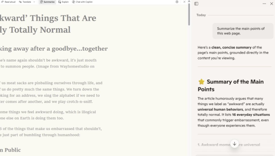 Reading mode page with Copilot side pane showing a summary of the article