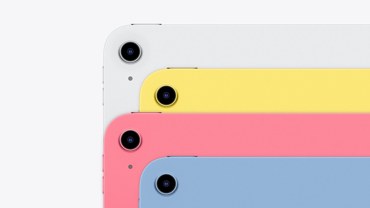 Rear cameras on silver, yellow, pink and blue iPad (A16) models