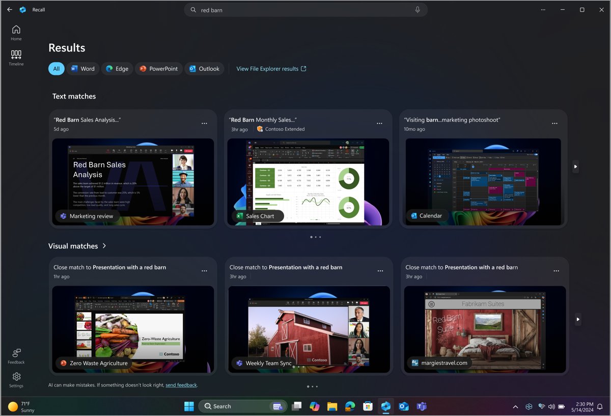 Recall in Windows 11 search results on a Copilot+ PC