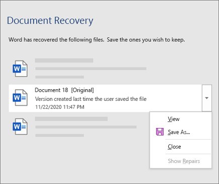 Recover ASD file in Word Document Recovery pane with an Original version selected