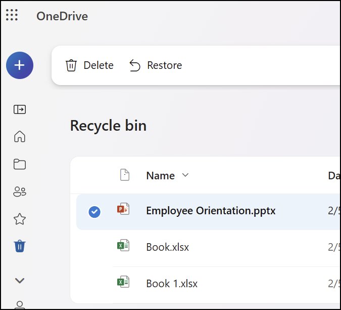 Recover deleted files from the OneDrive recycle bin with the Restore button