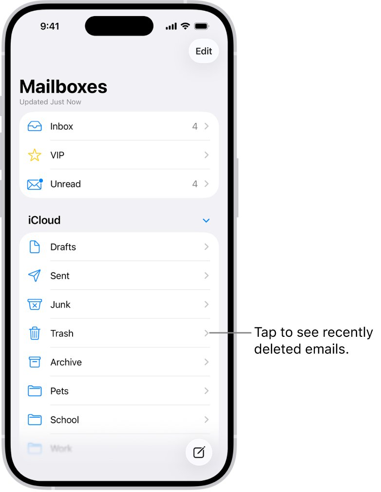 Recover mass deleted iCloud emails from the Trash mailbox on iPhone
