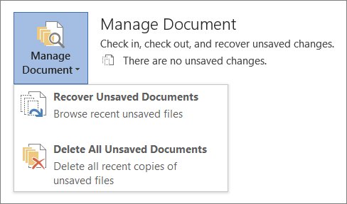 Recover unsaved Word documents from the File Info Manage Document menu