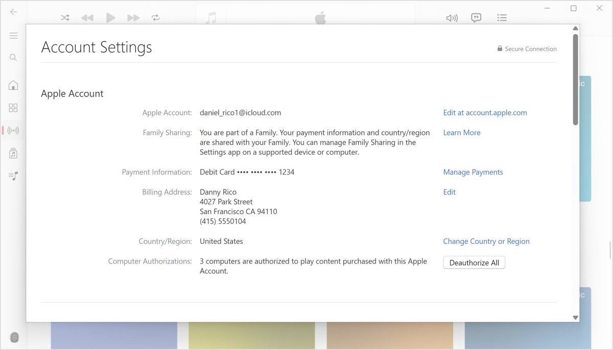 Redownload purchased music on Windows PC: Account Settings with Computer Authorizations