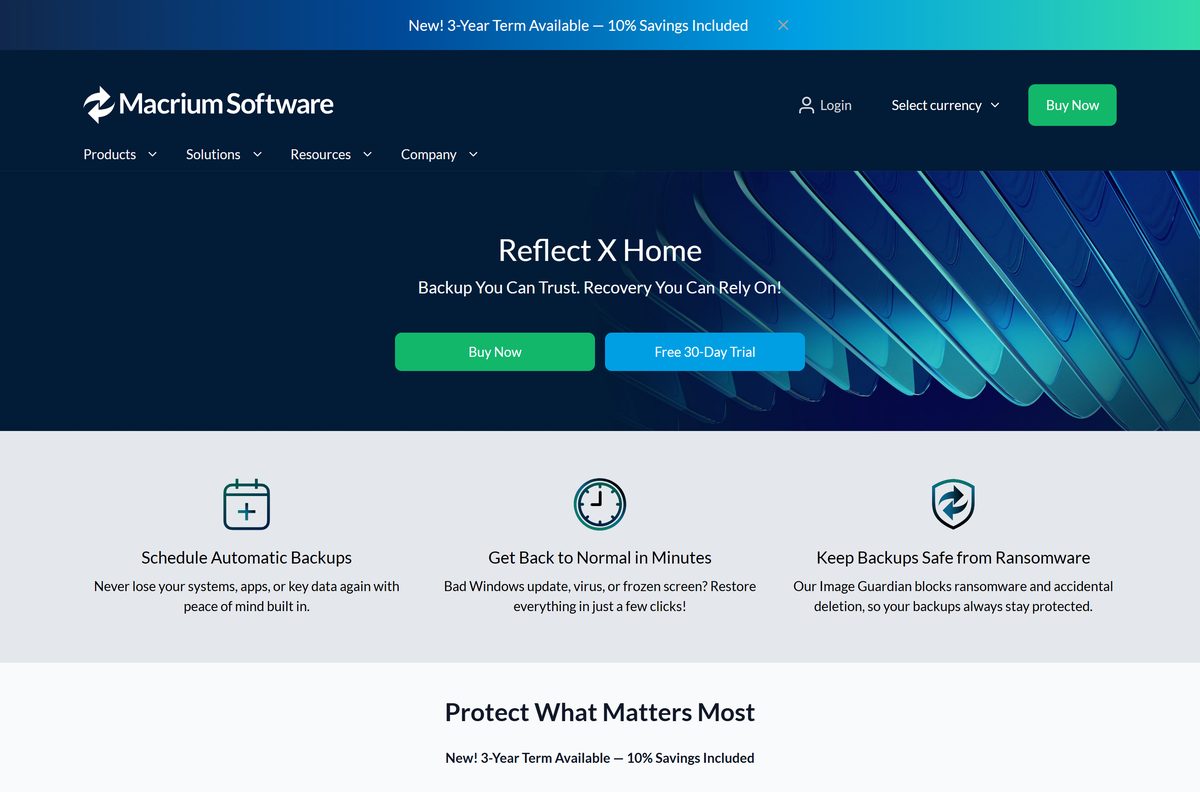 Macrium Reflect X Home product page with plan price and trial
