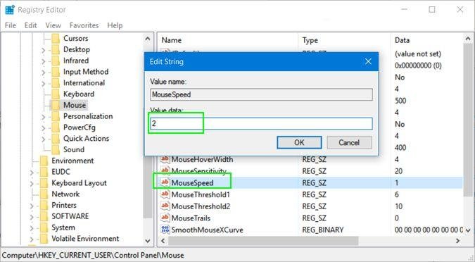 Registry Editor Edit String dialog for the MouseSpeed value under Control Panel Mouse