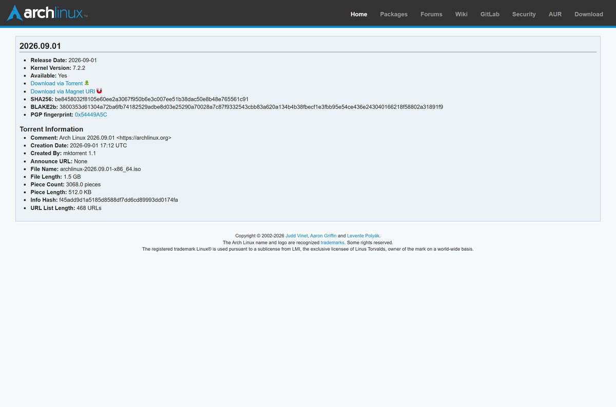 Arch Linux release page showing checksums and torrent information