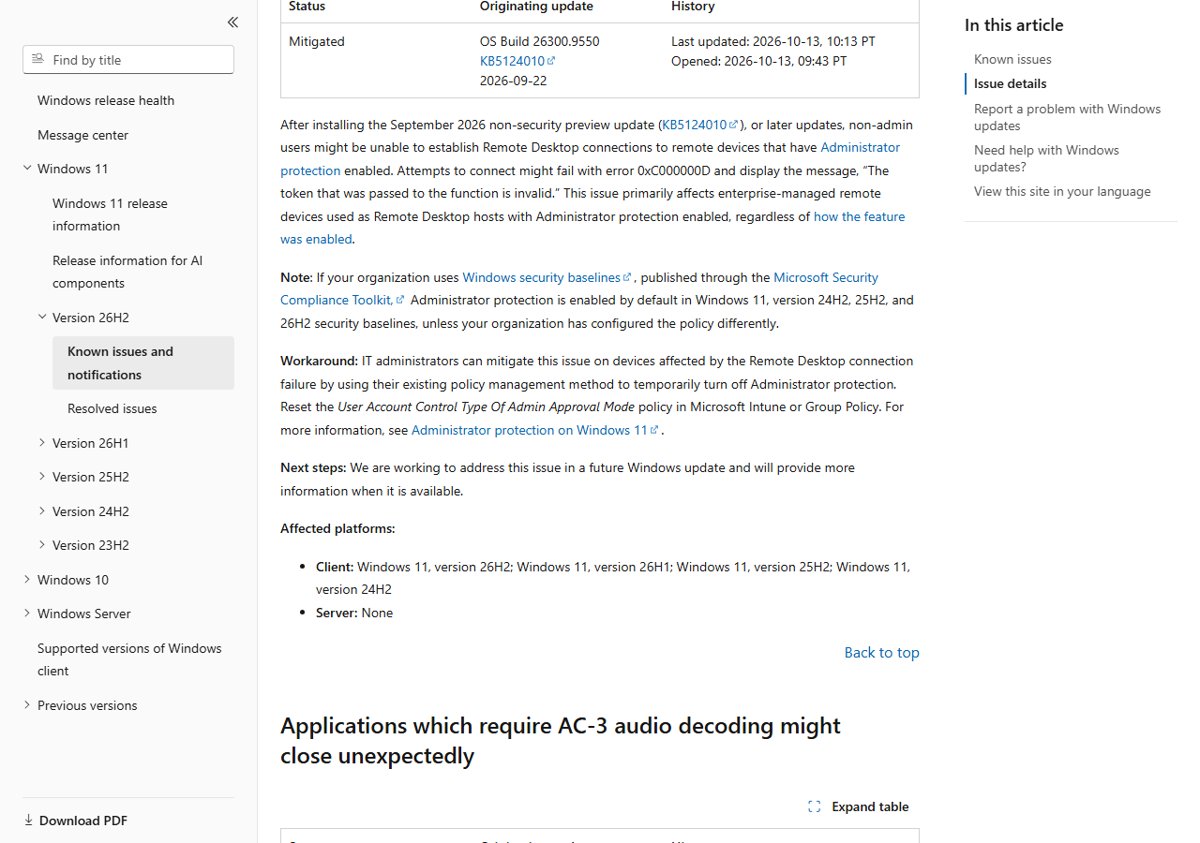Release health entry for Remote Desktop error 0xC000000D with workaround