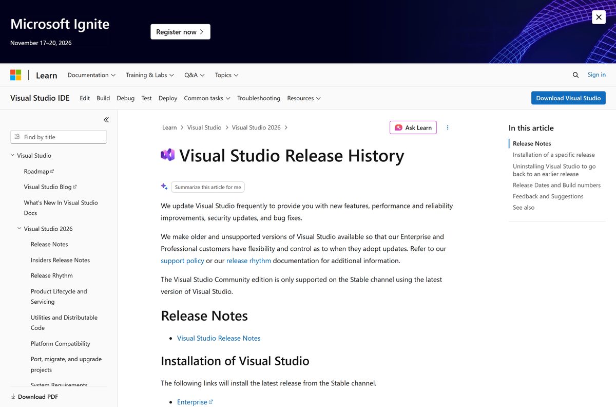 Release history table listing Stable channel versions, dates and build numbers