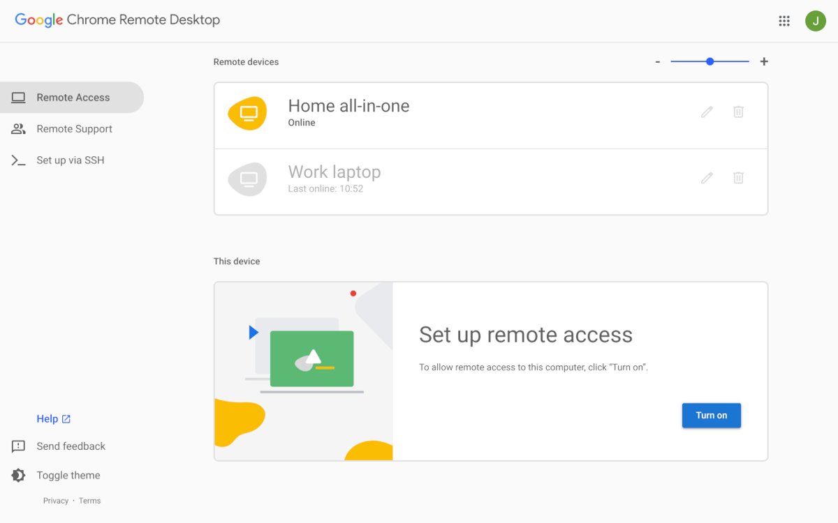 Remote Access page listing devices above a Set up remote access Turn on button