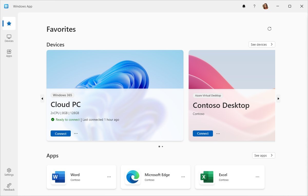 Remote Desktop app for Windows: Windows App Favorites with Connect buttons