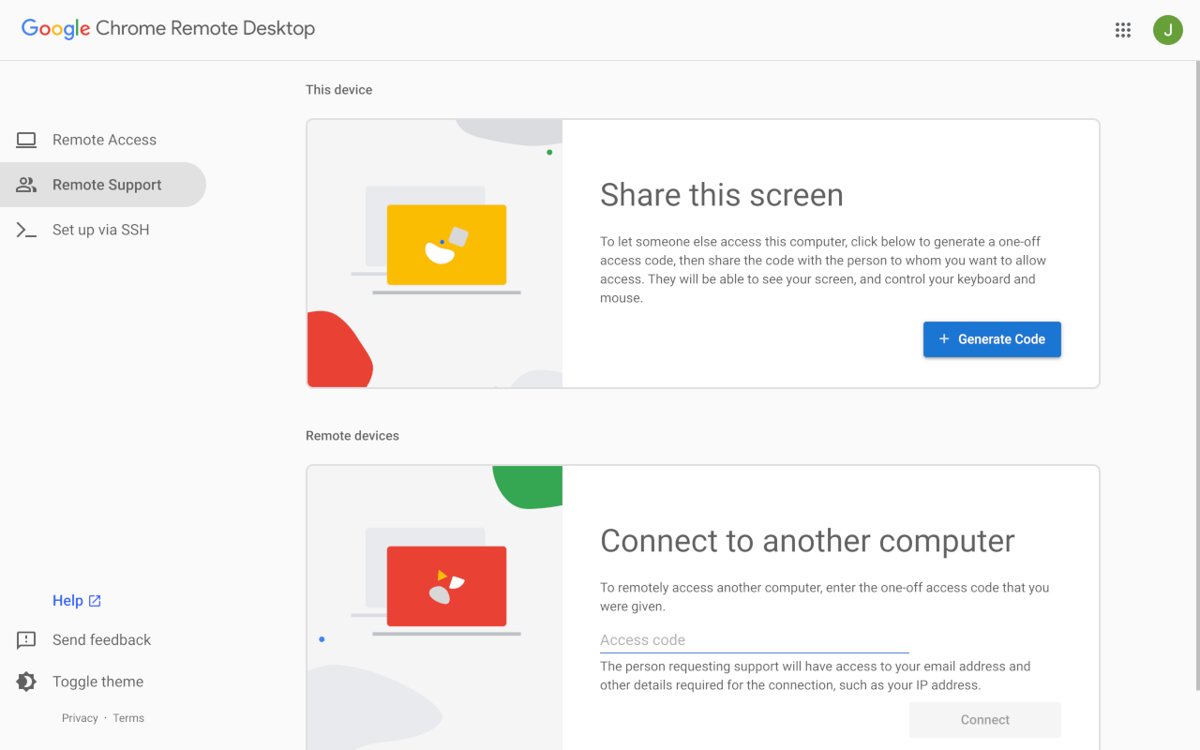 Remote Support page with Generate Code and Connect to another computer panels