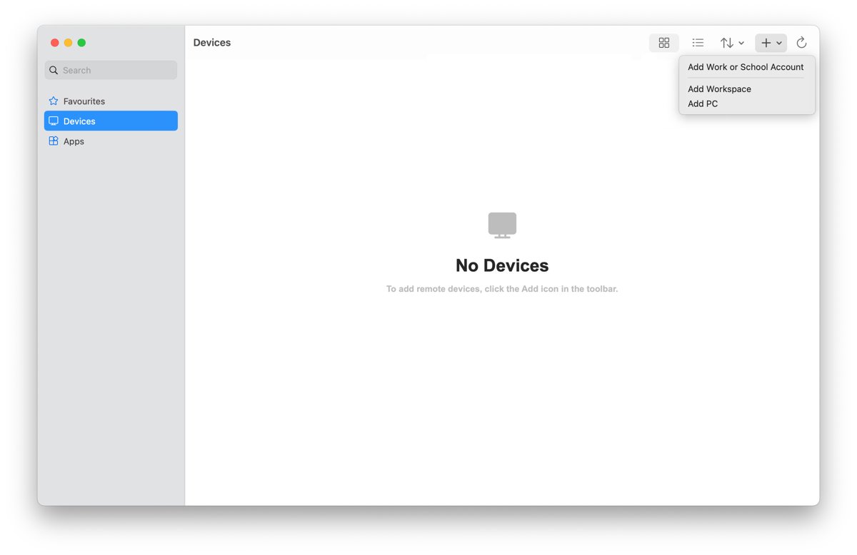 Remote desktop connection for Mac using Windows App Add PC menu