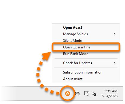 Remove idp.generic from Avast Quarantine using the tray Open Quarantine option