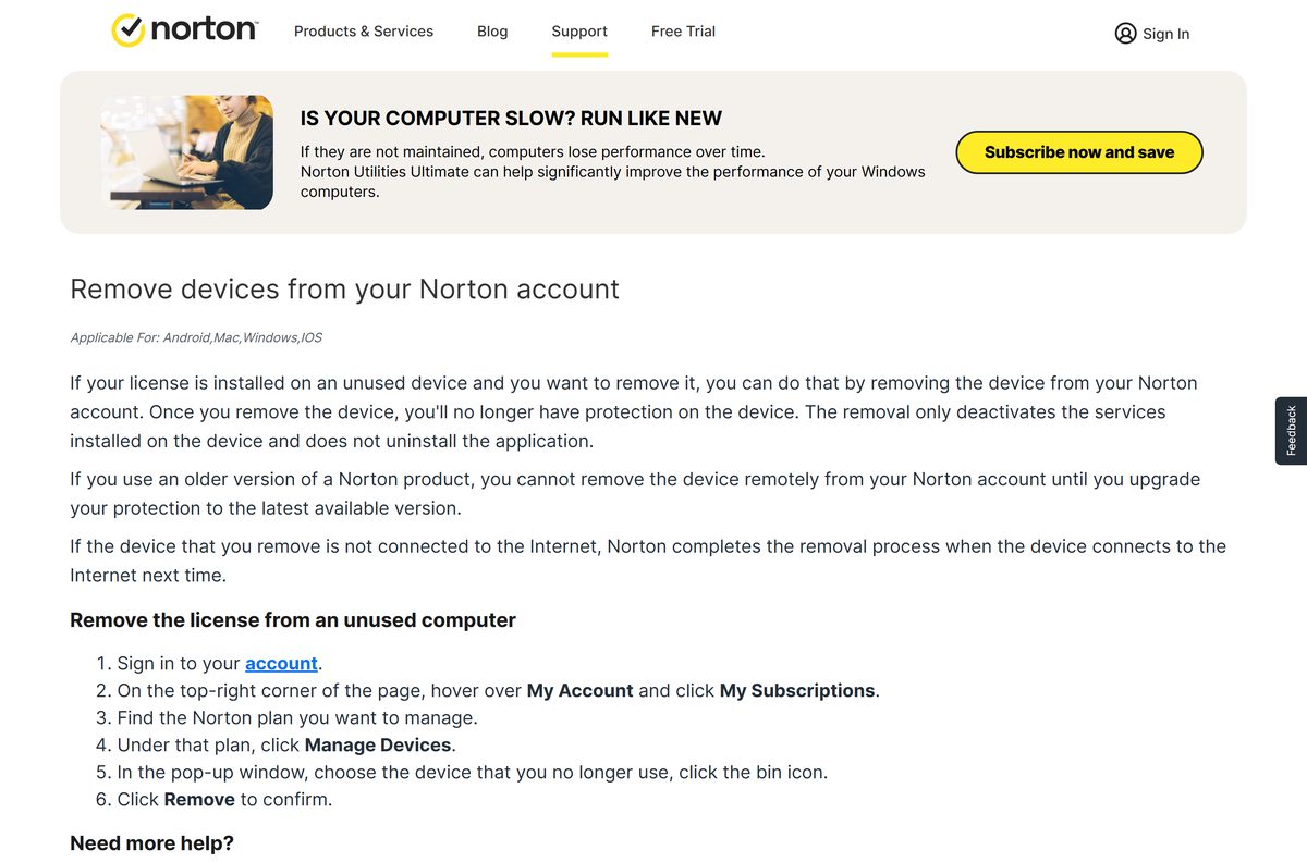 Support page with the Manage Devices steps for freeing a Norton licence