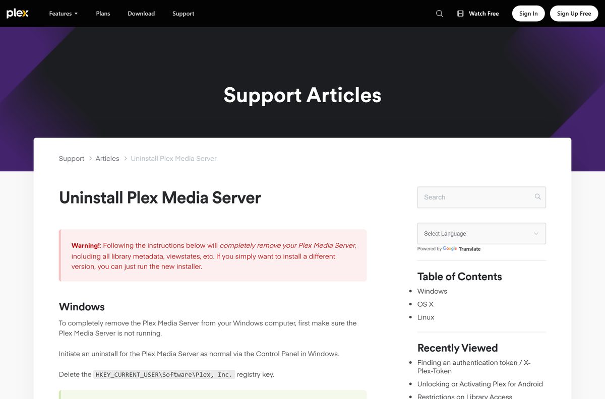 Plex uninstall instructions covering the registry key and macOS library folders