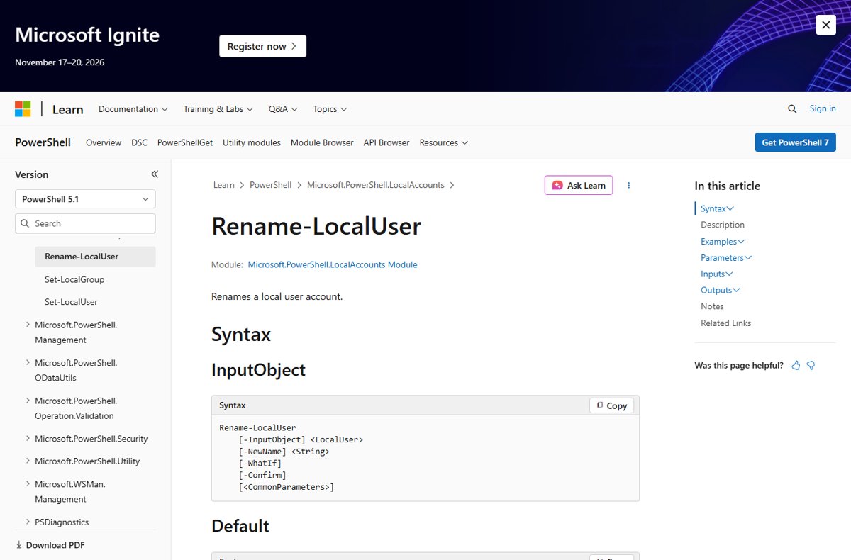 Rename-LocalUser cmdlet reference page showing its PowerShell syntax