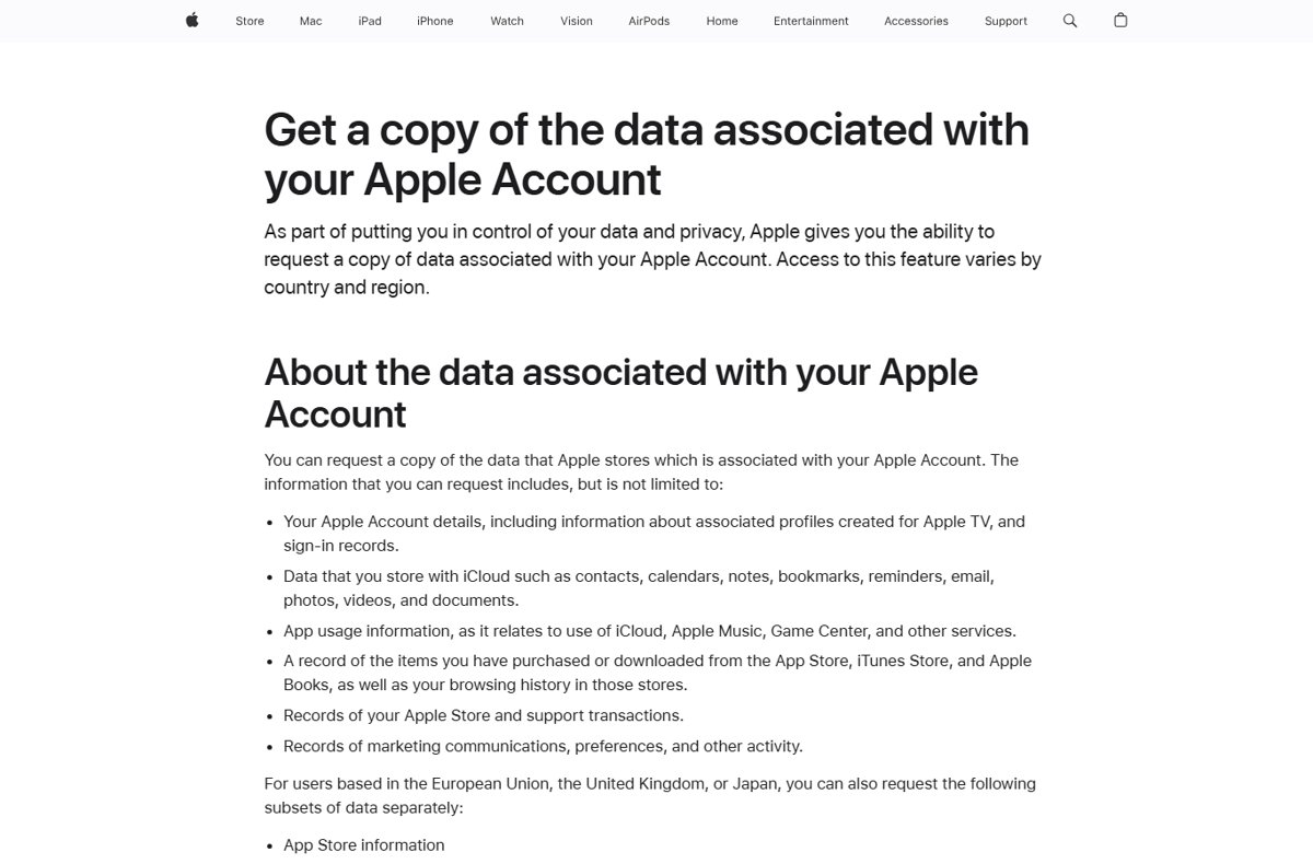 Request a full iCloud data copy from Apple's Data & Privacy page