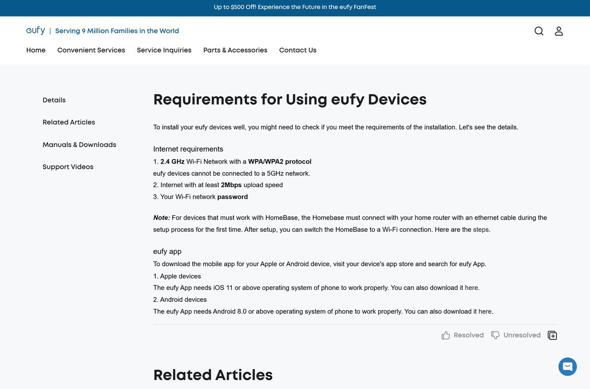 eufy Security requirements page listing Wi-Fi and phone needs