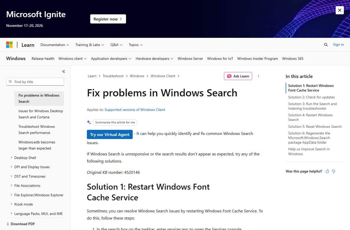 Reset Windows Search using Microsoft's Fix problems in Windows Search page