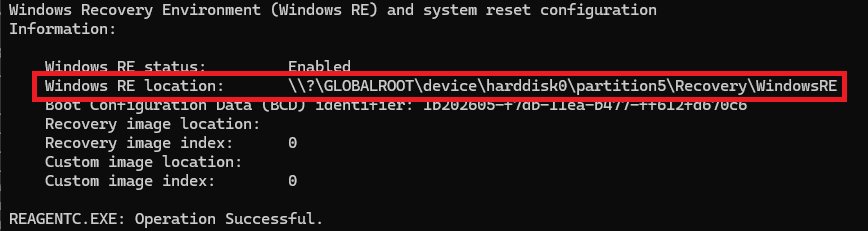 Reset this PC not working: reagentc /info output showing Windows RE status