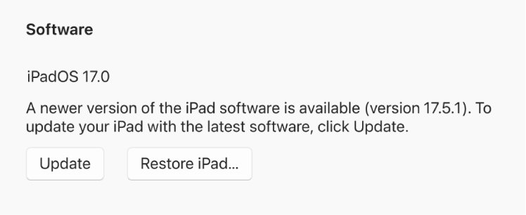 Restore IPSW on Windows with the Restore iPad button in Apple Devices