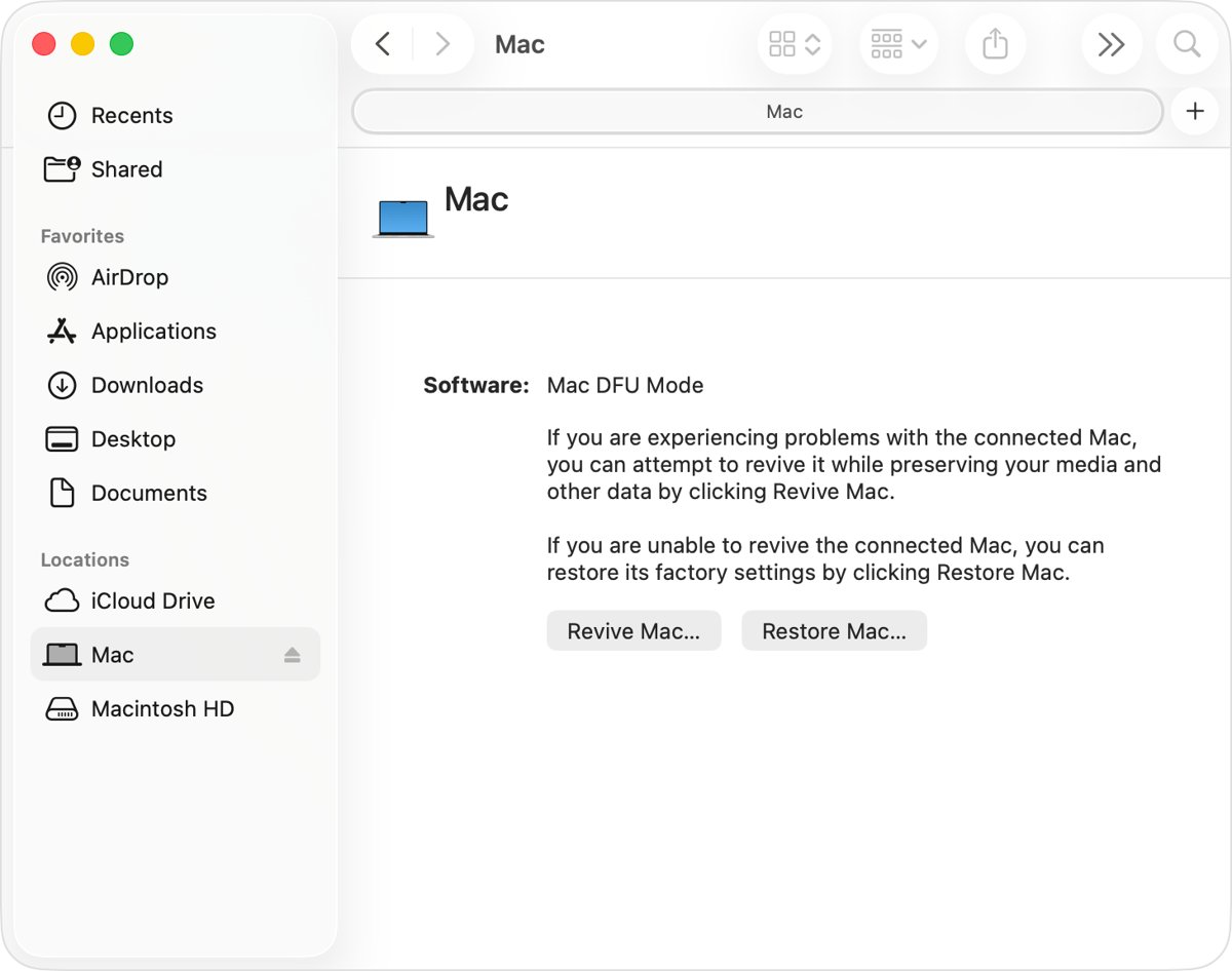Restore Mac with Apple silicon from Finder DFU mode window