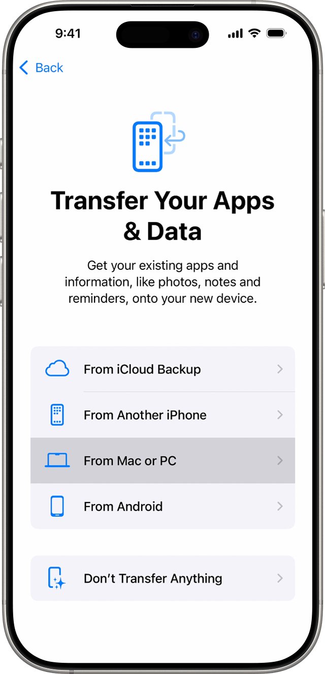 Restore data after fixing disabled iPad from the Transfer Your Apps & Data screen