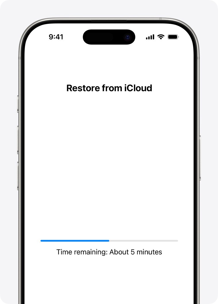 Restore iPhone from iCloud backup with progress bar and time remaining
