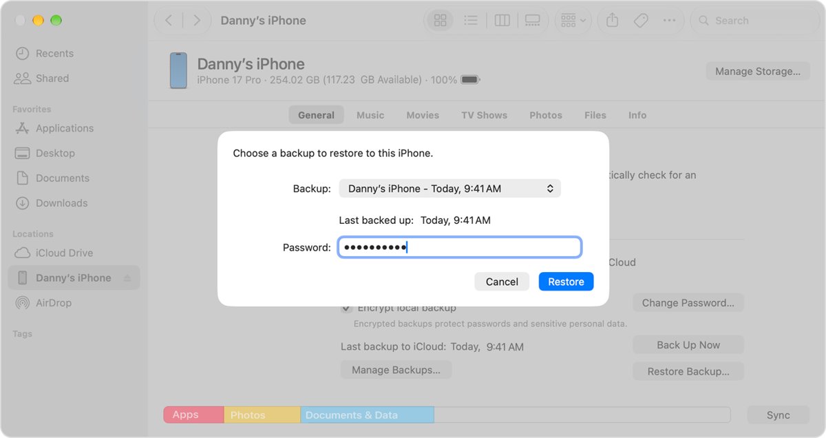 Restore text messages from a Mac backup by choosing a backup in Finder