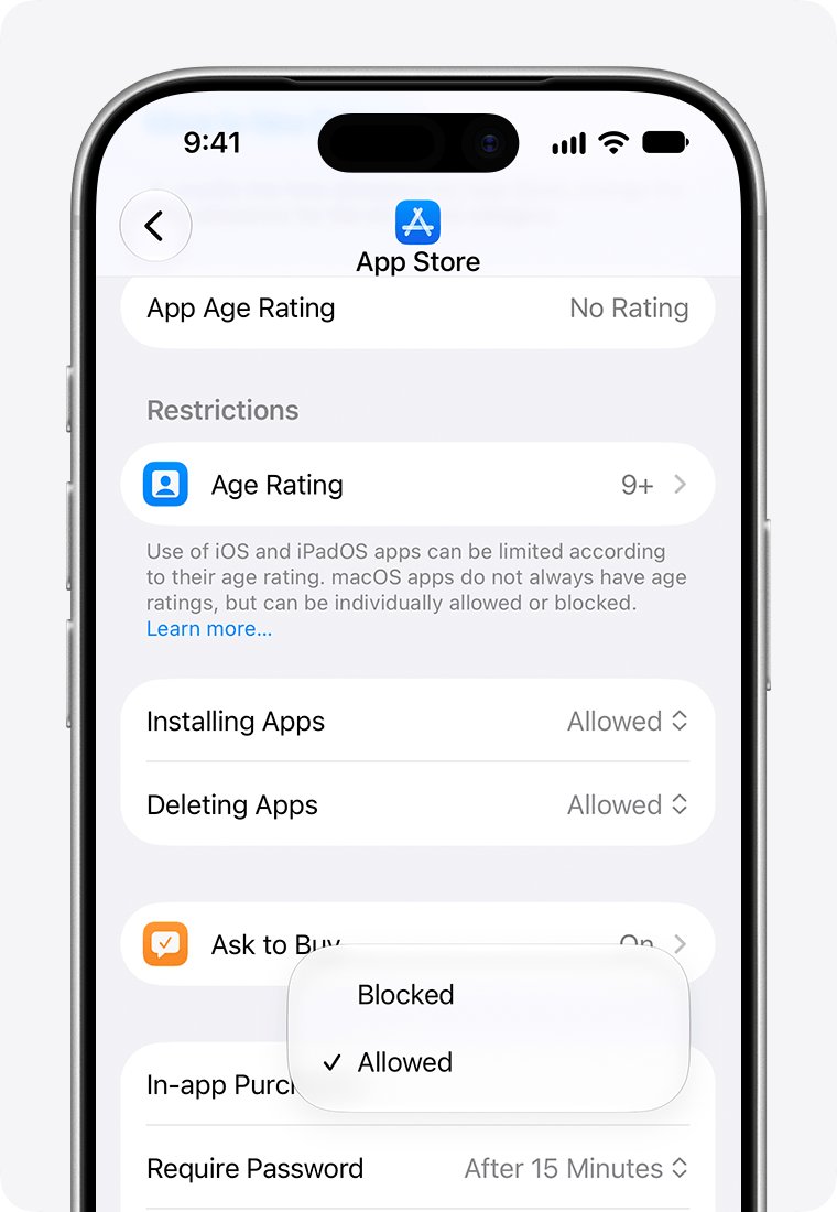 Restrictions passcode settings for App Store age ratings and installing apps in Screen Time